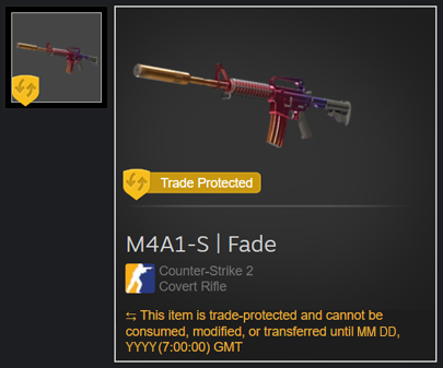 Steam example of an M4A1-S item with a yellow shield and Trade Protected label.