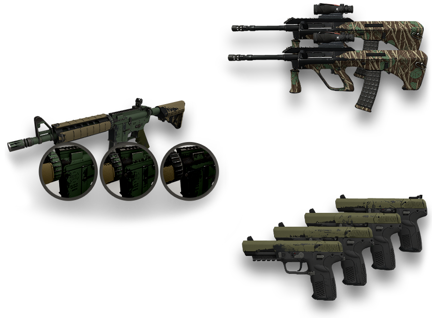 Valve Workshop illustration of wear and surface variation. These are technical examples from the legacy finish guide, not current CS2 screenshots of player items; exact float values are not supplied.