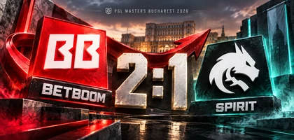 Portada editorial: BetBoom a la izquierda, el resultado 2-1 en el centro y Team Spirit a la derecha.
