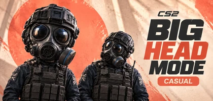 Redaktionelle Illustration zu Big Head Mode in CS2: zwei maskierte Figuren, links mit vergrößertem Kopf, rechts mit normalen Proportionen; korallfarbener Hintergrund und BIG HEAD MODE · CASUAL.