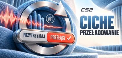 Ilustracja redakcyjna ustawienia CS2: srebrna okrągła strzałka przeładowania na niebieskim filcu akustycznym, zanikająca fala dźwięku i wybór przytrzymania lub przełączania z zaznaczonym przełączaniem.