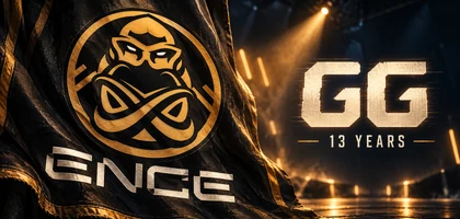 Golden ENCE emblem and wordmark on a black banner beside a dimming stage, with GG and 13 YEARS at right.