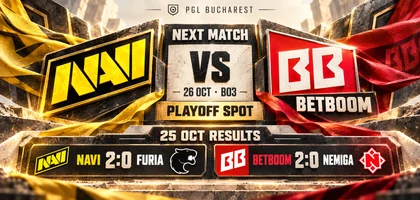 NAVI y BetBoom antes del partido del 26 de octubre por una plaza en los playoffs. Un bloque separado muestra los resultados del 25 de octubre: NAVI 2:0 FURIA y BetBoom 2:0 Nemiga.