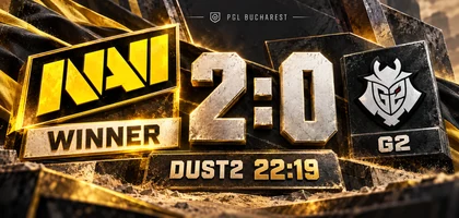 Escudos de NAVI y G2, con NAVI como ganador, el 2:0 de la serie y, por separado, el 22:19 de Dust2.