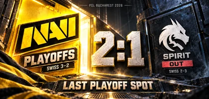 NAVI beside a bright open playoff passage on the left, a central 2:1 score, and Spirit marked OUT on the right. Separate Swiss labels show NAVI 3–2 and Spirit 2–3, with LAST PLAYOFF SPOT below.