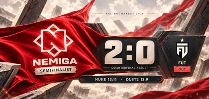 Nemiga on a red ribbon at left marked SEMIFINALIST, a central 2:0 result and FUT marked OUT at right. A bottom strip reads Nuke 13:11 and Dust2 13:9.