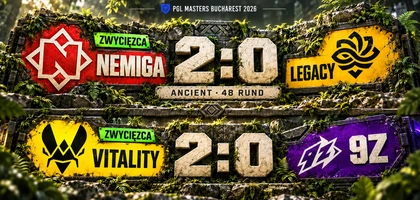 Okładka redakcyjna dwóch meczów: u góry Nemiga pokonuje Legacy 2-0, u dołu Vitality wygrywa z 9z 2-0. Ancient trwało 48 rund.