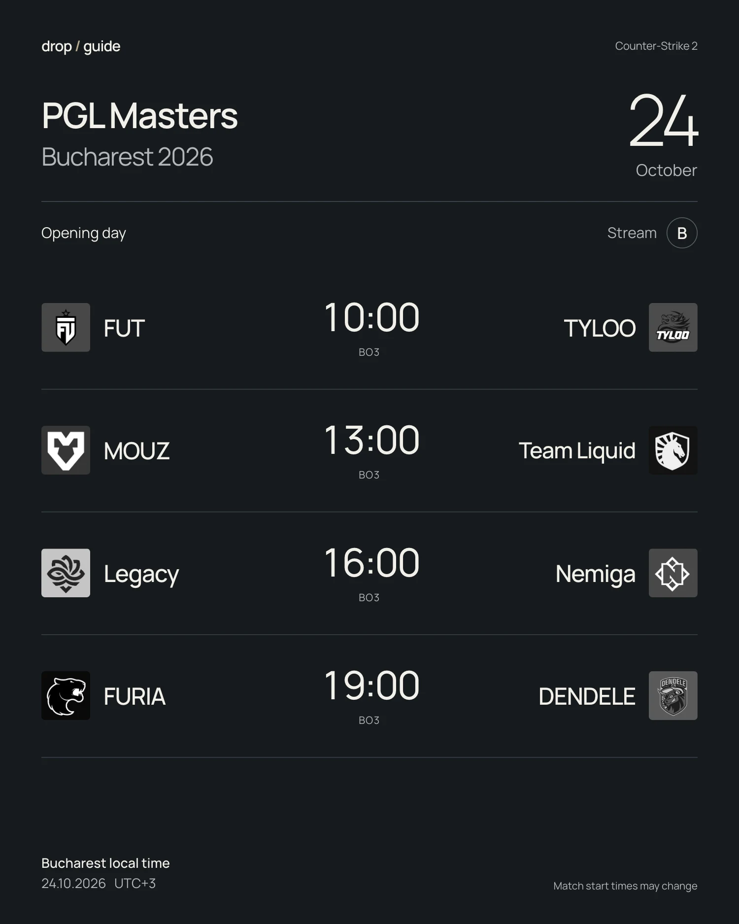 PGL Masters Bucharest 2026 opening matches on 24 October, stream B, in Bucharest local time