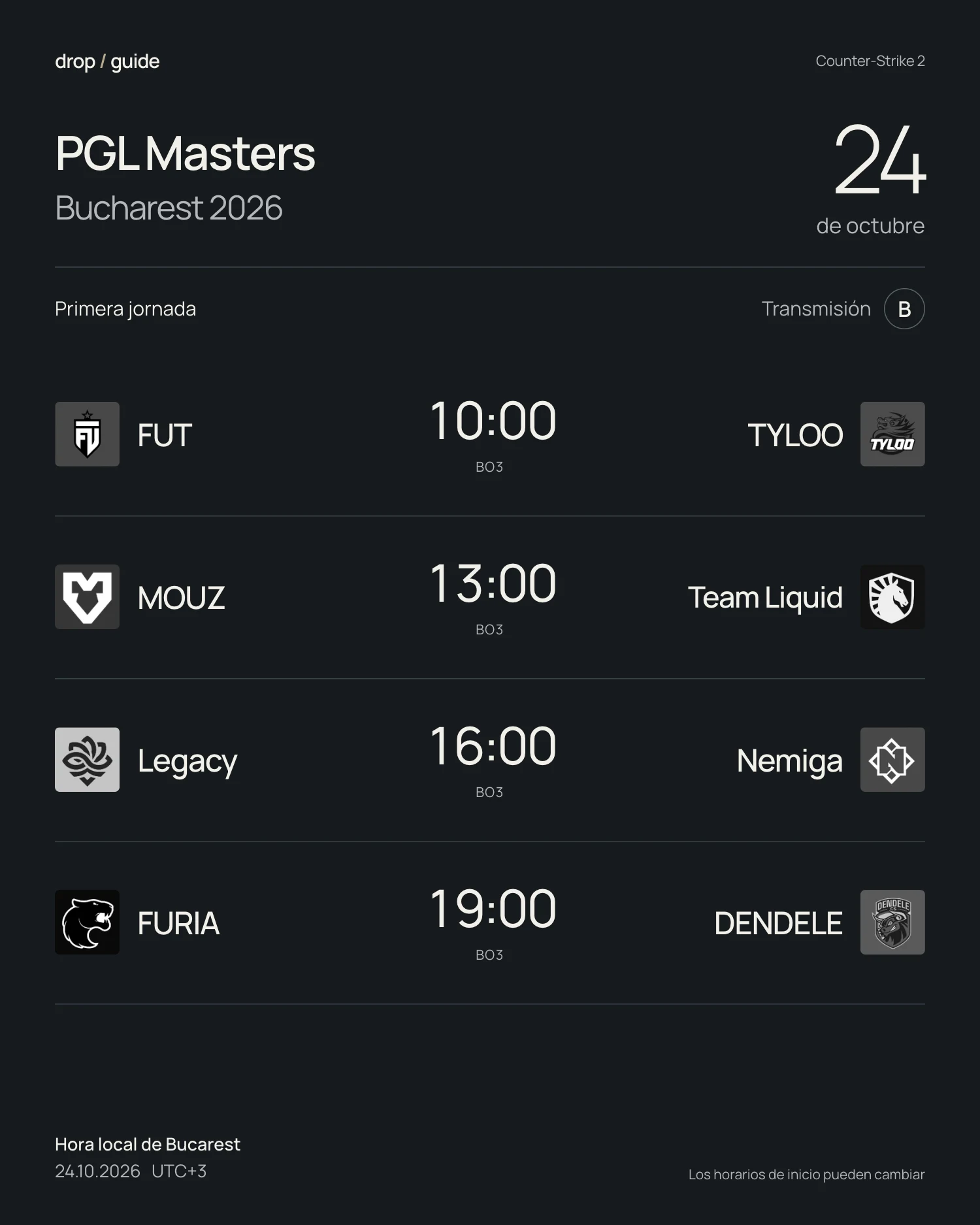 Partidos del PGL Masters Bucharest 2026 el 24 de octubre en la transmisión B, en hora local de Bucarest