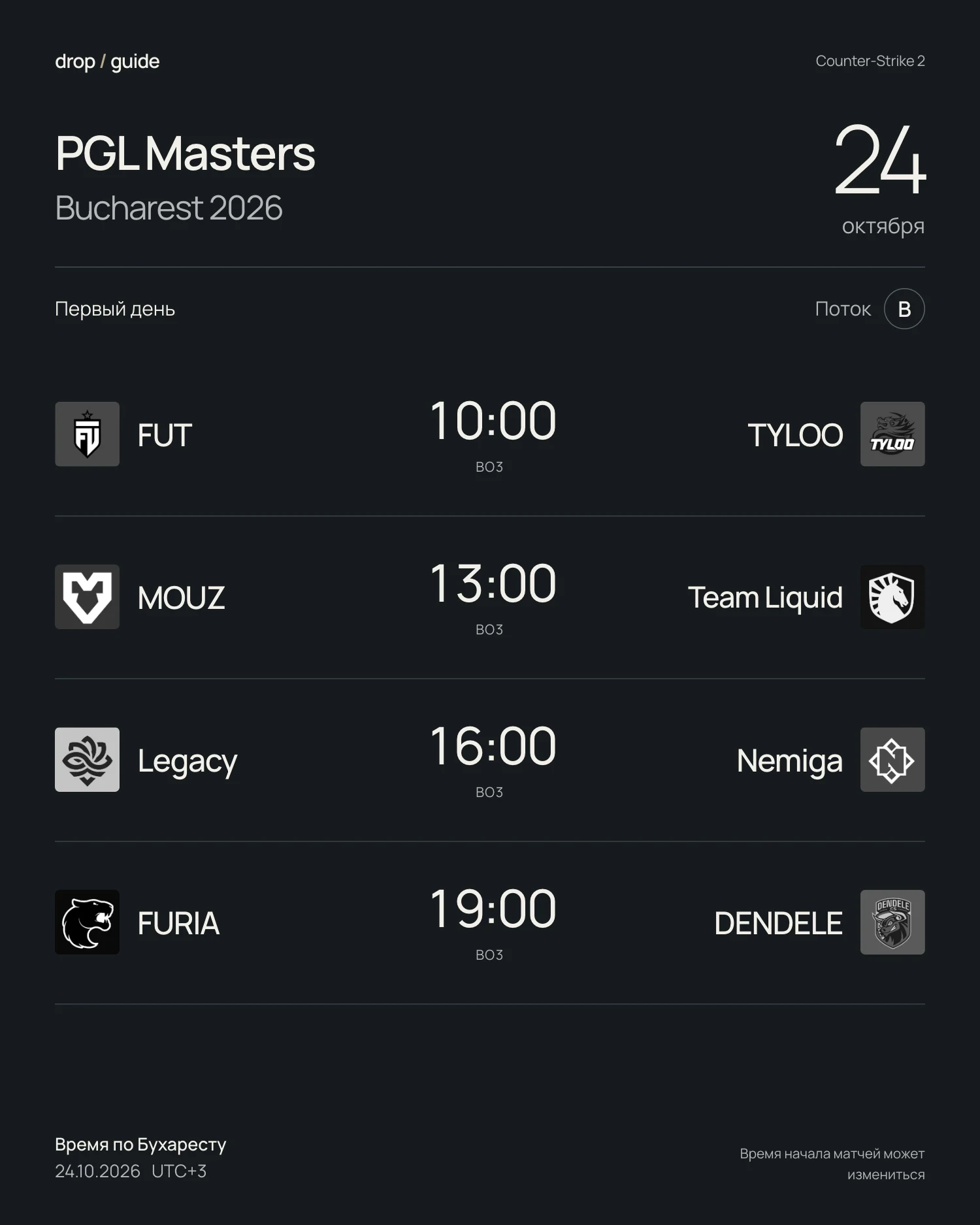 Расписание PGL Masters Bucharest 2026 на 24 октября: трансляция B, время по Бухаресту