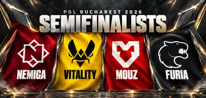 Ilustración editorial de los cuatro semifinalistas de PGL Bucharest 2026: de izquierda a derecha, Nemiga, Vitality, MOUZ y FURIA sobre secciones burdeos, amarilla, roja y grafito bajo SEMIFINALISTS.