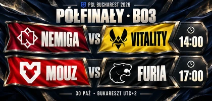 Zapowiedź półfinałów PGL Bucharest na 30 października: u góry Nemiga — Vitality o 14:00, poniżej MOUZ — FURIA o 17:00. Oznaczono BO3 i czas Bukaresztu UTC+2, a przy godzinach startu widnieją ikony zegarów.