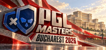Ilustración editorial de PGL Masters Bucharest 2026: el emblema del torneo y el Palacio del Parlamento de Bucarest.