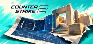 Ilustración: un nivel de CS2 emerge de un plano con herramientas de scripting de mapas.