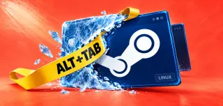 Ilustración: una cinta Alt+Tab retira el hielo de una ventana de Steam como símbolo de la corrección de bloqueos en Linux.