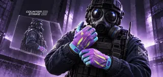 Ilustración: agente de CS2 con guantes morados y turquesas.