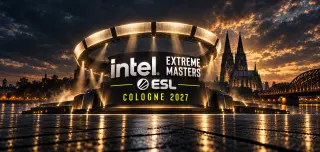 Illustration zur IEM Cologne 2027: beleuchtete Arena und Kölner Dom.