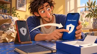 Dos teléfonos con escudos de Steam Guard; una flecha muestra el traslado de la protección al teléfono nuevo.